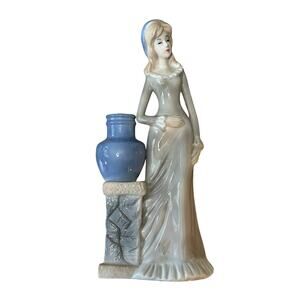 VTG Porcelain Women with small Vase- blue and white- bottom crack bid vase